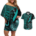 Ovarian Cancer Awareness Personalised Couples Matching Off Shoulder Short Dress and Hawaiian Shirt Aboriginal Ribbon Dot Painting