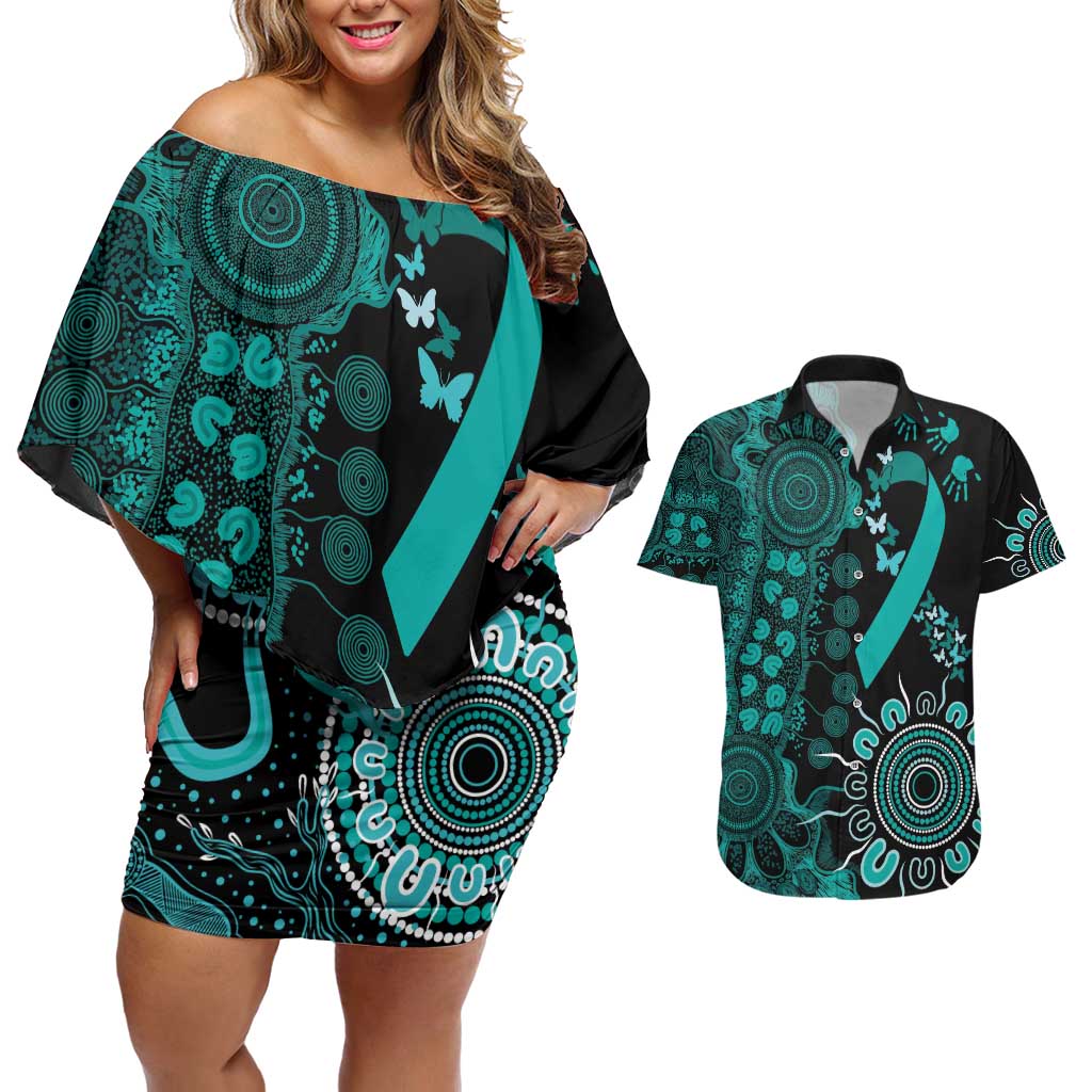 Ovarian Cancer Awareness Personalised Couples Matching Off Shoulder Short Dress and Hawaiian Shirt Aboriginal Ribbon Dot Painting