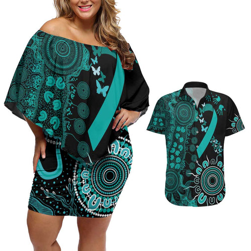 Ovarian Cancer Awareness Personalised Couples Matching Off Shoulder Short Dress and Hawaiian Shirt Aboriginal Ribbon Dot Painting