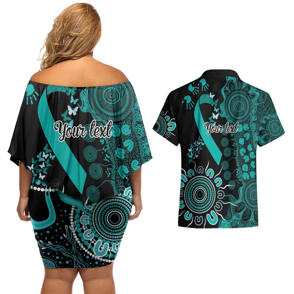 Ovarian Cancer Awareness Personalised Couples Matching Off Shoulder Short Dress and Hawaiian Shirt Aboriginal Ribbon Dot Painting