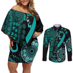 Ovarian Cancer Awareness Personalised Couples Matching Off Shoulder Short Dress and Long Sleeve Button Shirt Aboriginal Ribbon Dot Painting