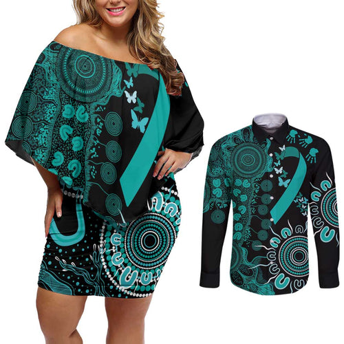 Ovarian Cancer Awareness Personalised Couples Matching Off Shoulder Short Dress and Long Sleeve Button Shirt Aboriginal Ribbon Dot Painting