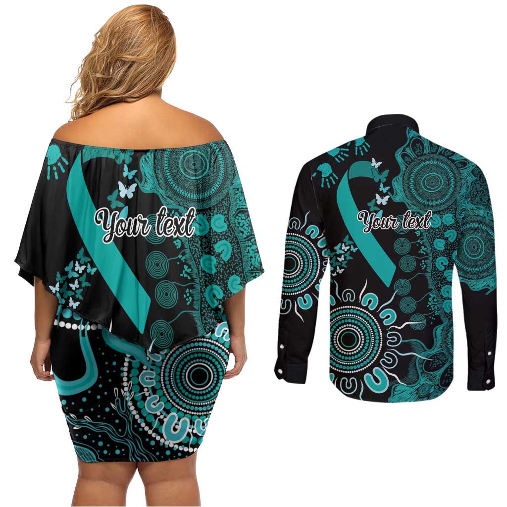 Ovarian Cancer Awareness Personalised Couples Matching Off Shoulder Short Dress and Long Sleeve Button Shirt Aboriginal Ribbon Dot Painting