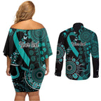 Ovarian Cancer Awareness Personalised Couples Matching Off Shoulder Short Dress and Long Sleeve Button Shirt Aboriginal Ribbon Dot Painting