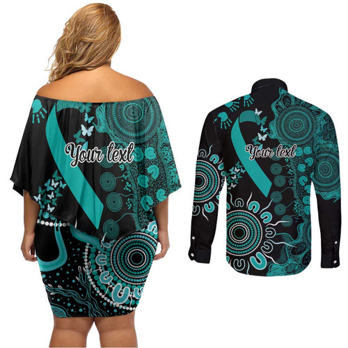 Ovarian Cancer Awareness Personalised Couples Matching Off Shoulder Short Dress and Long Sleeve Button Shirt Aboriginal Ribbon Dot Painting