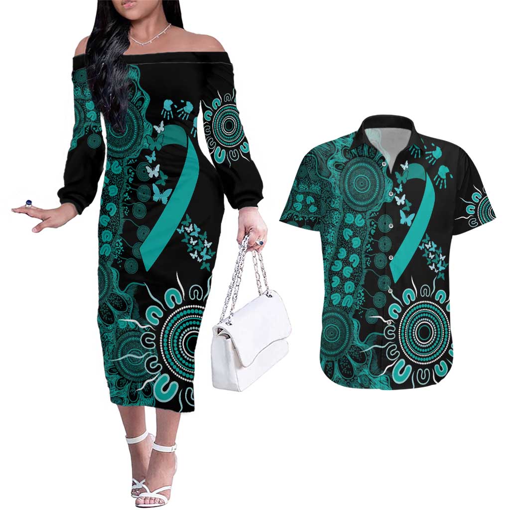 Ovarian Cancer Awareness Personalised Couples Matching Off The Shoulder Long Sleeve Dress and Hawaiian Shirt Aboriginal Ribbon Dot Painting