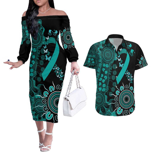 Ovarian Cancer Awareness Personalised Couples Matching Off The Shoulder Long Sleeve Dress and Hawaiian Shirt Aboriginal Ribbon Dot Painting