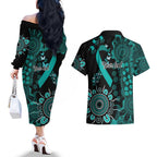 Ovarian Cancer Awareness Personalised Couples Matching Off The Shoulder Long Sleeve Dress and Hawaiian Shirt Aboriginal Ribbon Dot Painting