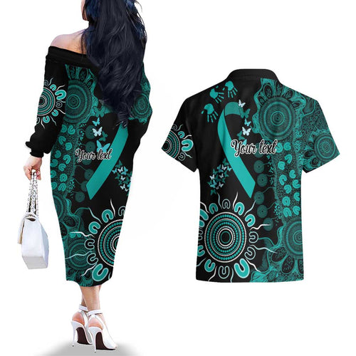 Ovarian Cancer Awareness Personalised Couples Matching Off The Shoulder Long Sleeve Dress and Hawaiian Shirt Aboriginal Ribbon Dot Painting