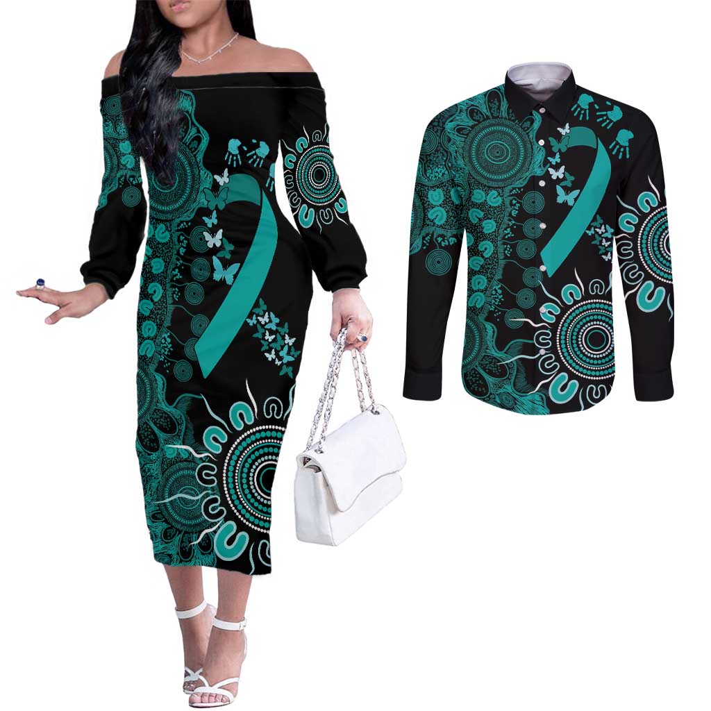 Ovarian Cancer Awareness Personalised Couples Matching Off The Shoulder Long Sleeve Dress and Long Sleeve Button Shirt Aboriginal Ribbon Dot Painting