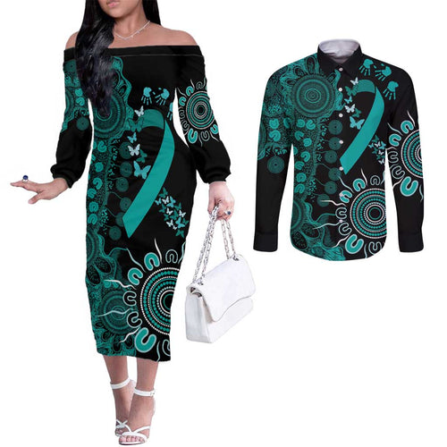 Ovarian Cancer Awareness Personalised Couples Matching Off The Shoulder Long Sleeve Dress and Long Sleeve Button Shirt Aboriginal Ribbon Dot Painting