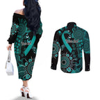 Ovarian Cancer Awareness Personalised Couples Matching Off The Shoulder Long Sleeve Dress and Long Sleeve Button Shirt Aboriginal Ribbon Dot Painting