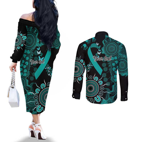 Ovarian Cancer Awareness Personalised Couples Matching Off The Shoulder Long Sleeve Dress and Long Sleeve Button Shirt Aboriginal Ribbon Dot Painting