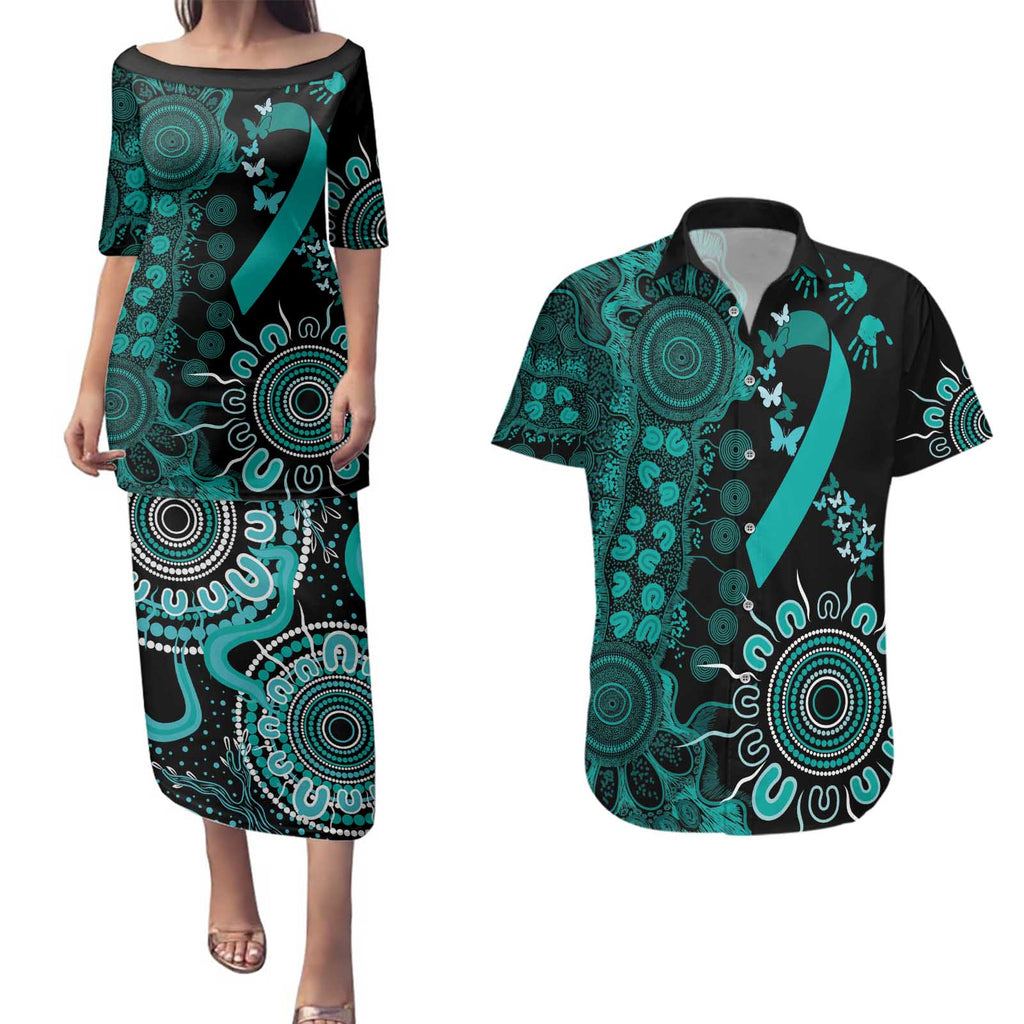 Ovarian Cancer Awareness Personalised Couples Matching Puletasi and Hawaiian Shirt Aboriginal Ribbon Dot Painting