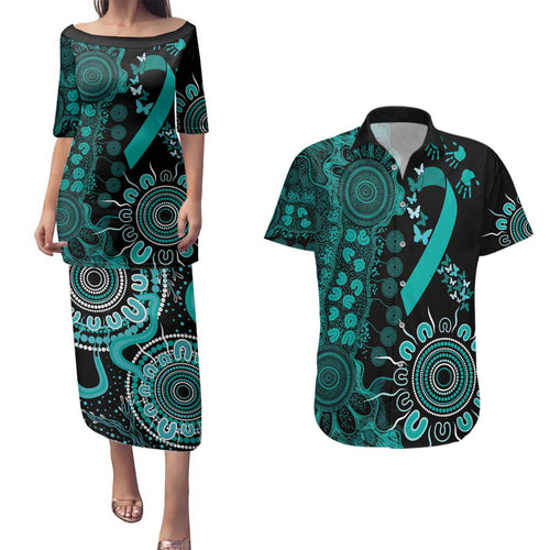 Ovarian Cancer Awareness Personalised Couples Matching Puletasi and Hawaiian Shirt Aboriginal Ribbon Dot Painting