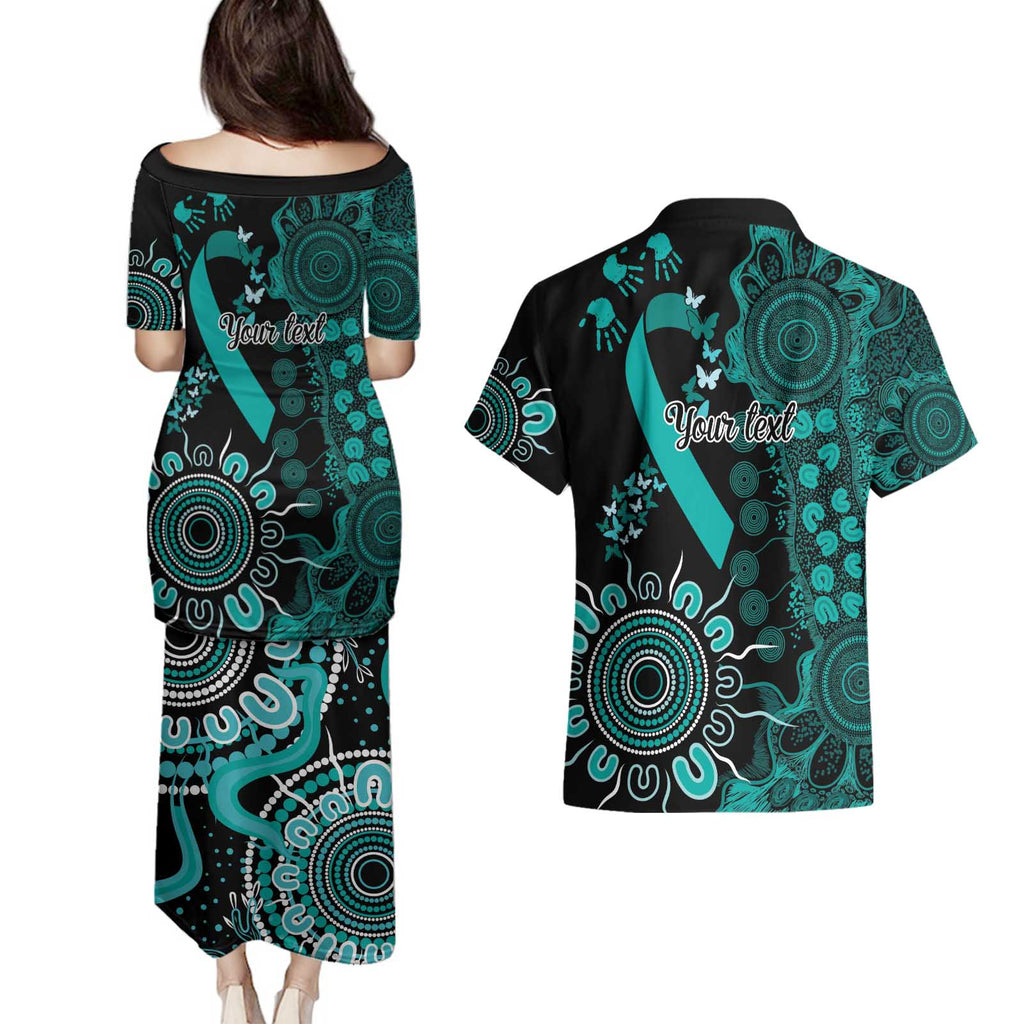 Ovarian Cancer Awareness Personalised Couples Matching Puletasi and Hawaiian Shirt Aboriginal Ribbon Dot Painting