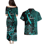 Ovarian Cancer Awareness Personalised Couples Matching Puletasi and Hawaiian Shirt Aboriginal Ribbon Dot Painting