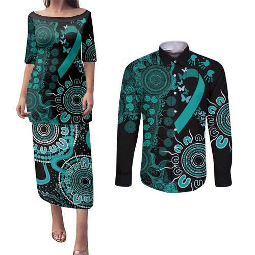 Ovarian Cancer Awareness Personalised Couples Matching Puletasi and Long Sleeve Button Shirt Aboriginal Ribbon Dot Painting