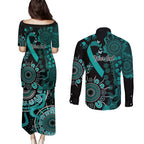 Ovarian Cancer Awareness Personalised Couples Matching Puletasi and Long Sleeve Button Shirt Aboriginal Ribbon Dot Painting