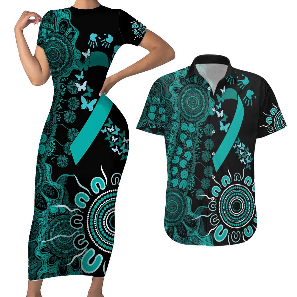 Ovarian Cancer Awareness Personalised Couples Matching Short Sleeve Bodycon Dress and Hawaiian Shirt Aboriginal Ribbon Dot Painting