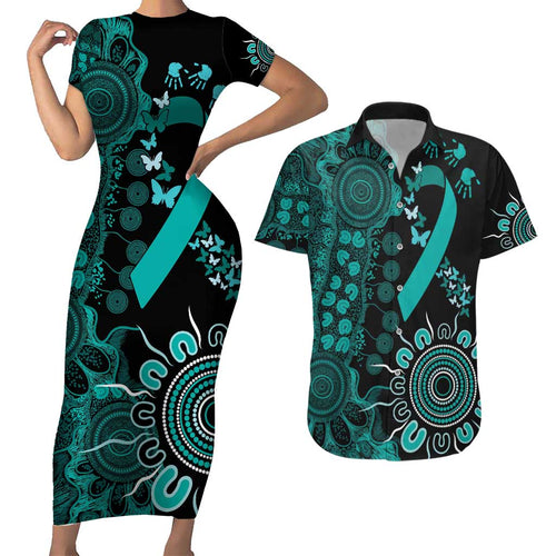 Ovarian Cancer Awareness Personalised Couples Matching Short Sleeve Bodycon Dress and Hawaiian Shirt Aboriginal Ribbon Dot Painting
