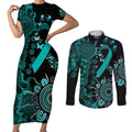 Ovarian Cancer Awareness Personalised Couples Matching Short Sleeve Bodycon Dress and Long Sleeve Button Shirt Aboriginal Ribbon Dot Painting