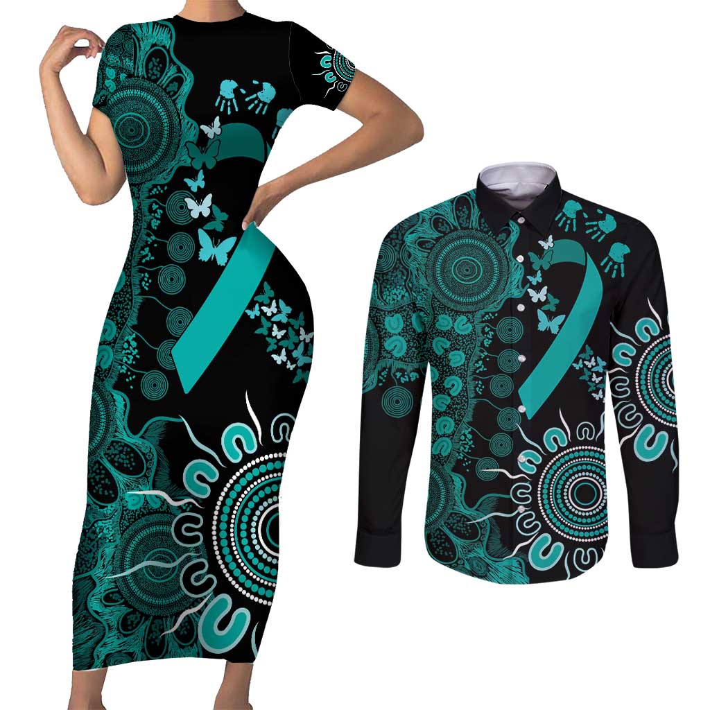 Ovarian Cancer Awareness Personalised Couples Matching Short Sleeve Bodycon Dress and Long Sleeve Button Shirt Aboriginal Ribbon Dot Painting