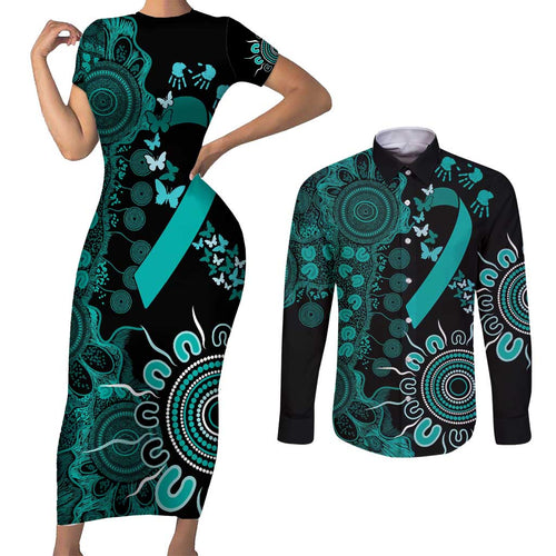 Ovarian Cancer Awareness Personalised Couples Matching Short Sleeve Bodycon Dress and Long Sleeve Button Shirt Aboriginal Ribbon Dot Painting