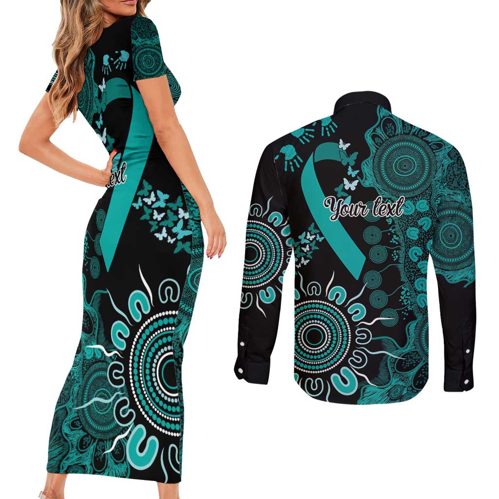 Ovarian Cancer Awareness Personalised Couples Matching Short Sleeve Bodycon Dress and Long Sleeve Button Shirt Aboriginal Ribbon Dot Painting