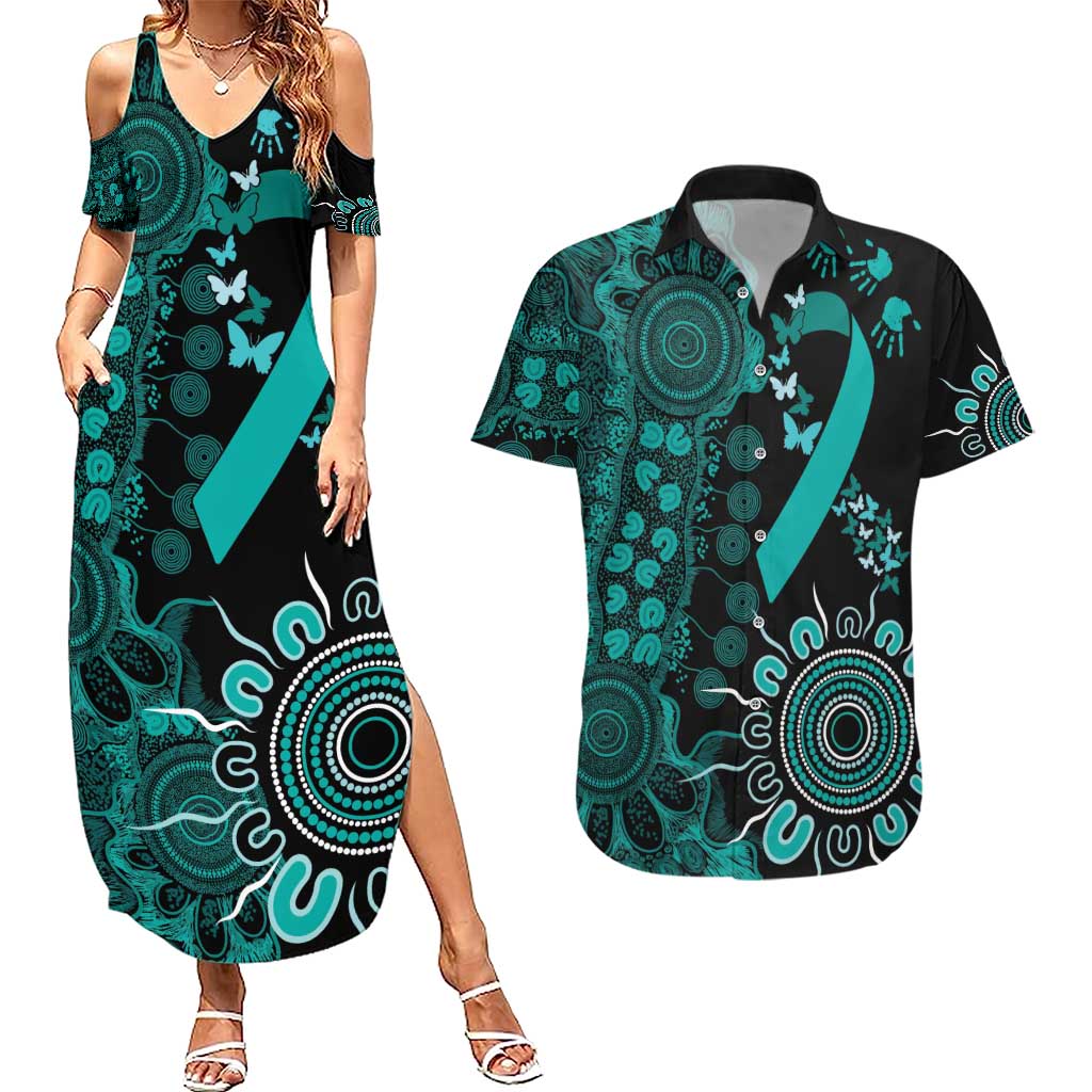 Ovarian Cancer Awareness Personalised Couples Matching Summer Maxi Dress and Hawaiian Shirt Aboriginal Ribbon Dot Painting