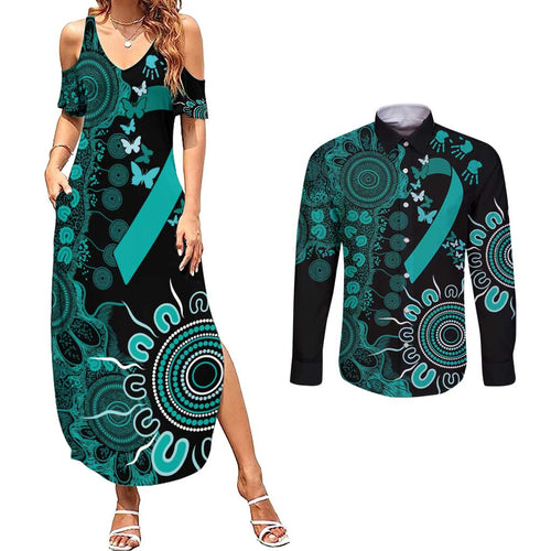 Ovarian Cancer Awareness Personalised Couples Matching Summer Maxi Dress and Long Sleeve Button Shirt Aboriginal Ribbon Dot Painting