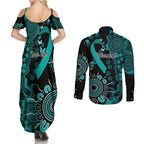 Ovarian Cancer Awareness Personalised Couples Matching Summer Maxi Dress and Long Sleeve Button Shirt Aboriginal Ribbon Dot Painting