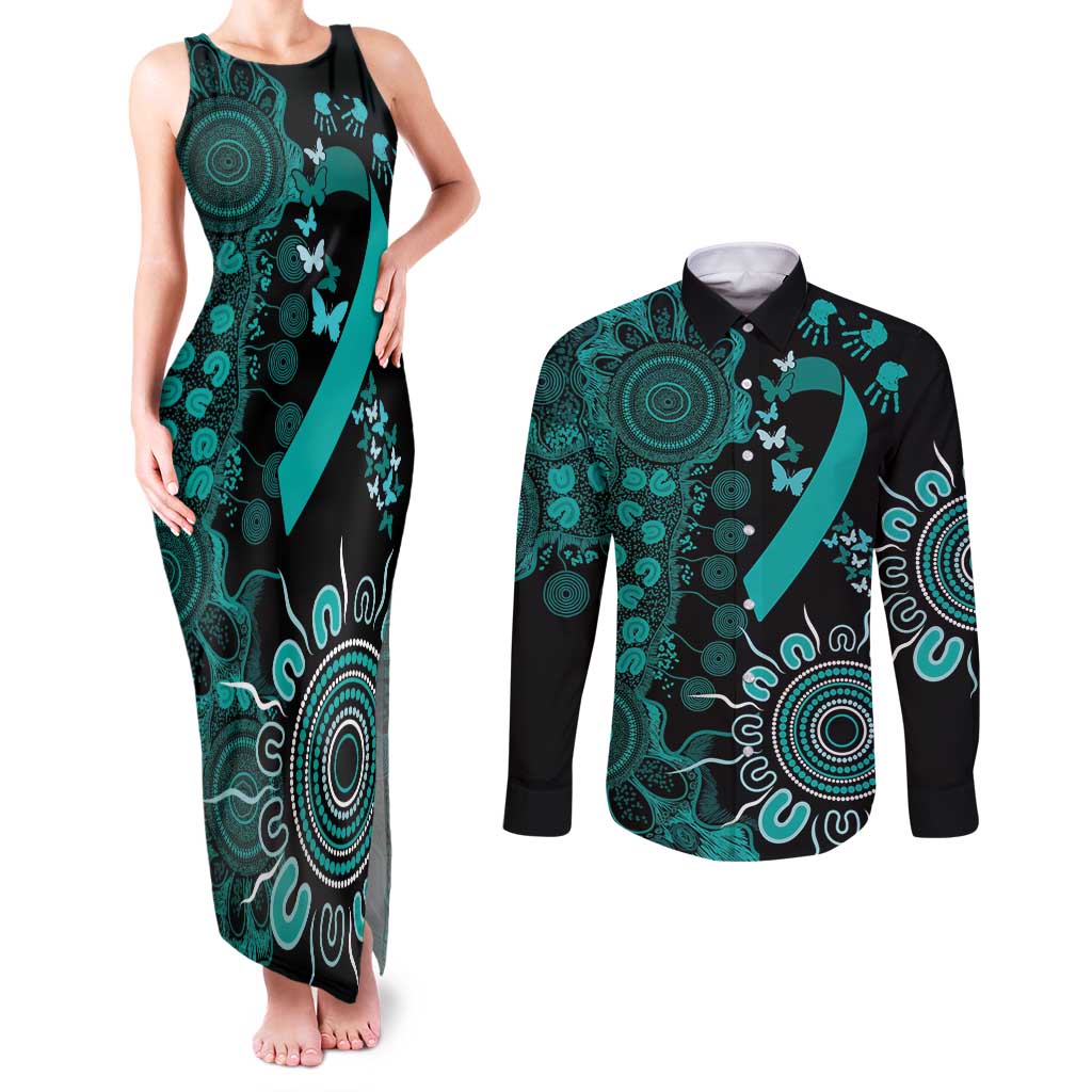 Ovarian Cancer Awareness Personalised Couples Matching Tank Maxi Dress and Long Sleeve Button Shirt Aboriginal Ribbon Dot Painting