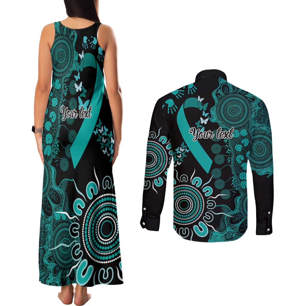 Ovarian Cancer Awareness Personalised Couples Matching Tank Maxi Dress and Long Sleeve Button Shirt Aboriginal Ribbon Dot Painting