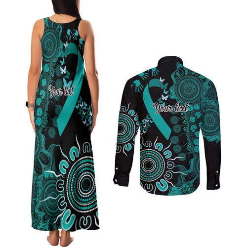 Ovarian Cancer Awareness Personalised Couples Matching Tank Maxi Dress and Long Sleeve Button Shirt Aboriginal Ribbon Dot Painting