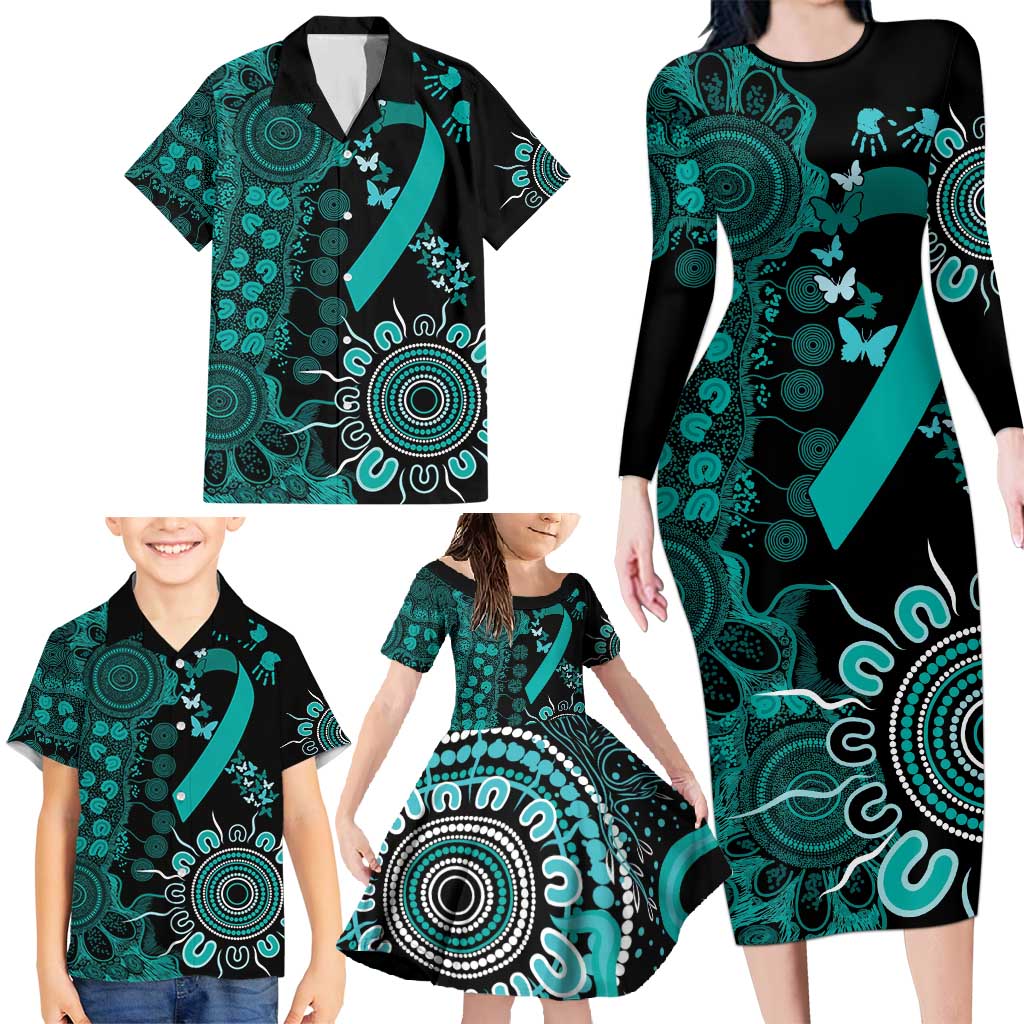 Ovarian Cancer Awareness Personalised Family Matching Long Sleeve Bodycon Dress and Hawaiian Shirt Aboriginal Ribbon Dot Painting