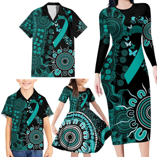 Ovarian Cancer Awareness Personalised Family Matching Long Sleeve Bodycon Dress and Hawaiian Shirt Aboriginal Ribbon Dot Painting