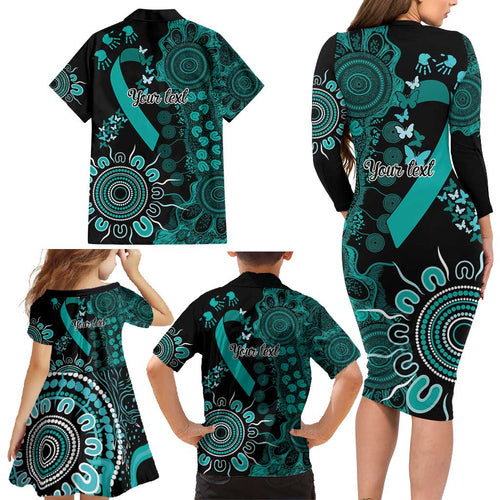 Ovarian Cancer Awareness Personalised Family Matching Long Sleeve Bodycon Dress and Hawaiian Shirt Aboriginal Ribbon Dot Painting