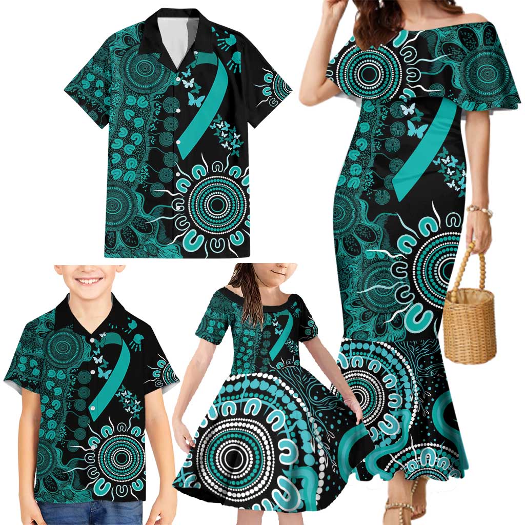 Ovarian Cancer Awareness Personalised Family Matching Mermaid Dress and Hawaiian Shirt Aboriginal Ribbon Dot Painting