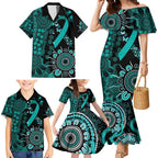 Ovarian Cancer Awareness Personalised Family Matching Mermaid Dress and Hawaiian Shirt Aboriginal Ribbon Dot Painting