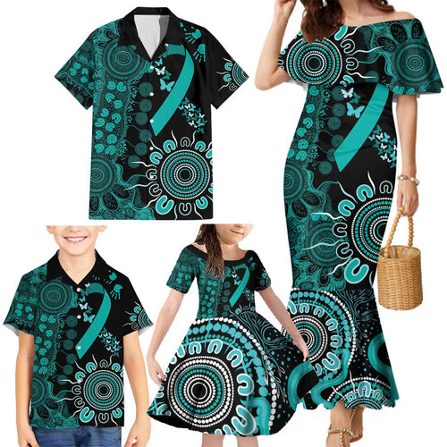 Ovarian Cancer Awareness Personalised Family Matching Mermaid Dress and Hawaiian Shirt Aboriginal Ribbon Dot Painting