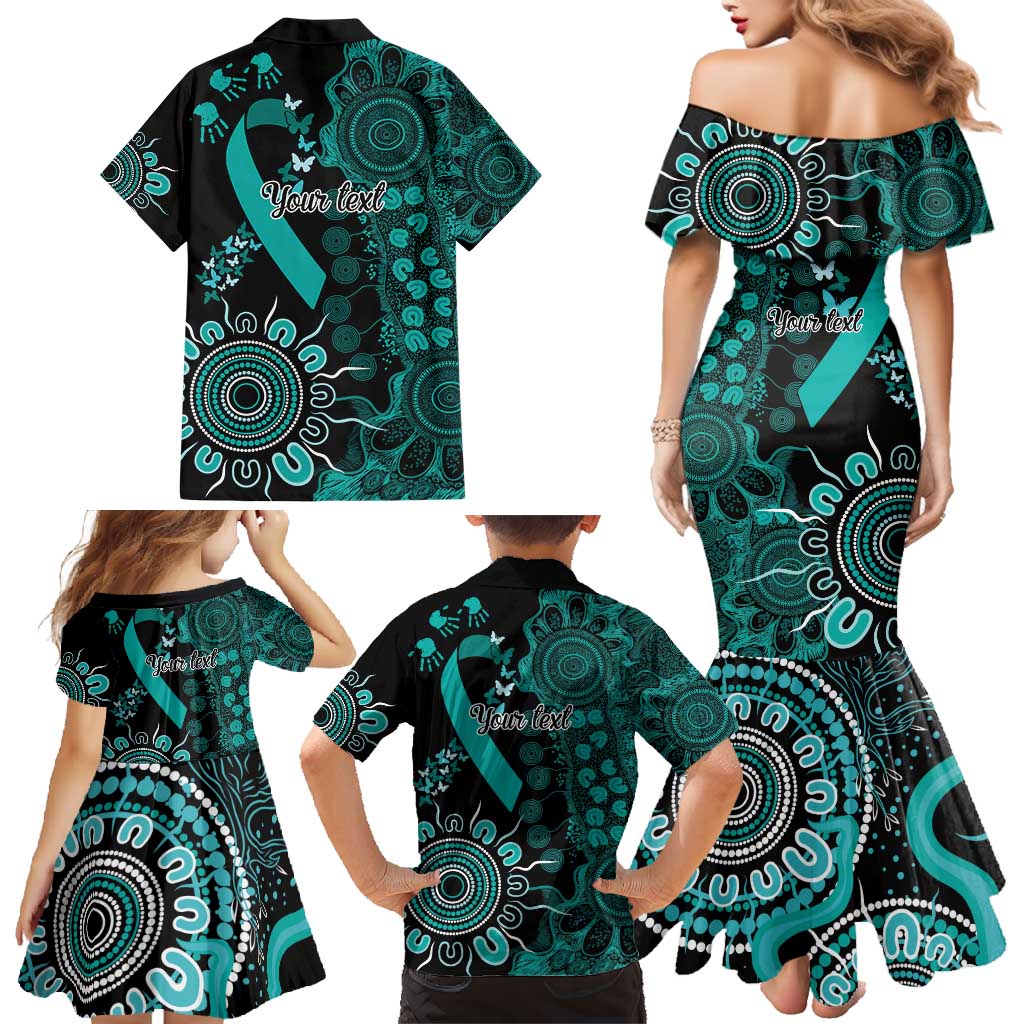 Ovarian Cancer Awareness Personalised Family Matching Mermaid Dress and Hawaiian Shirt Aboriginal Ribbon Dot Painting