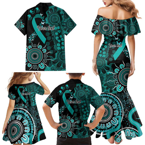 Ovarian Cancer Awareness Personalised Family Matching Mermaid Dress and Hawaiian Shirt Aboriginal Ribbon Dot Painting
