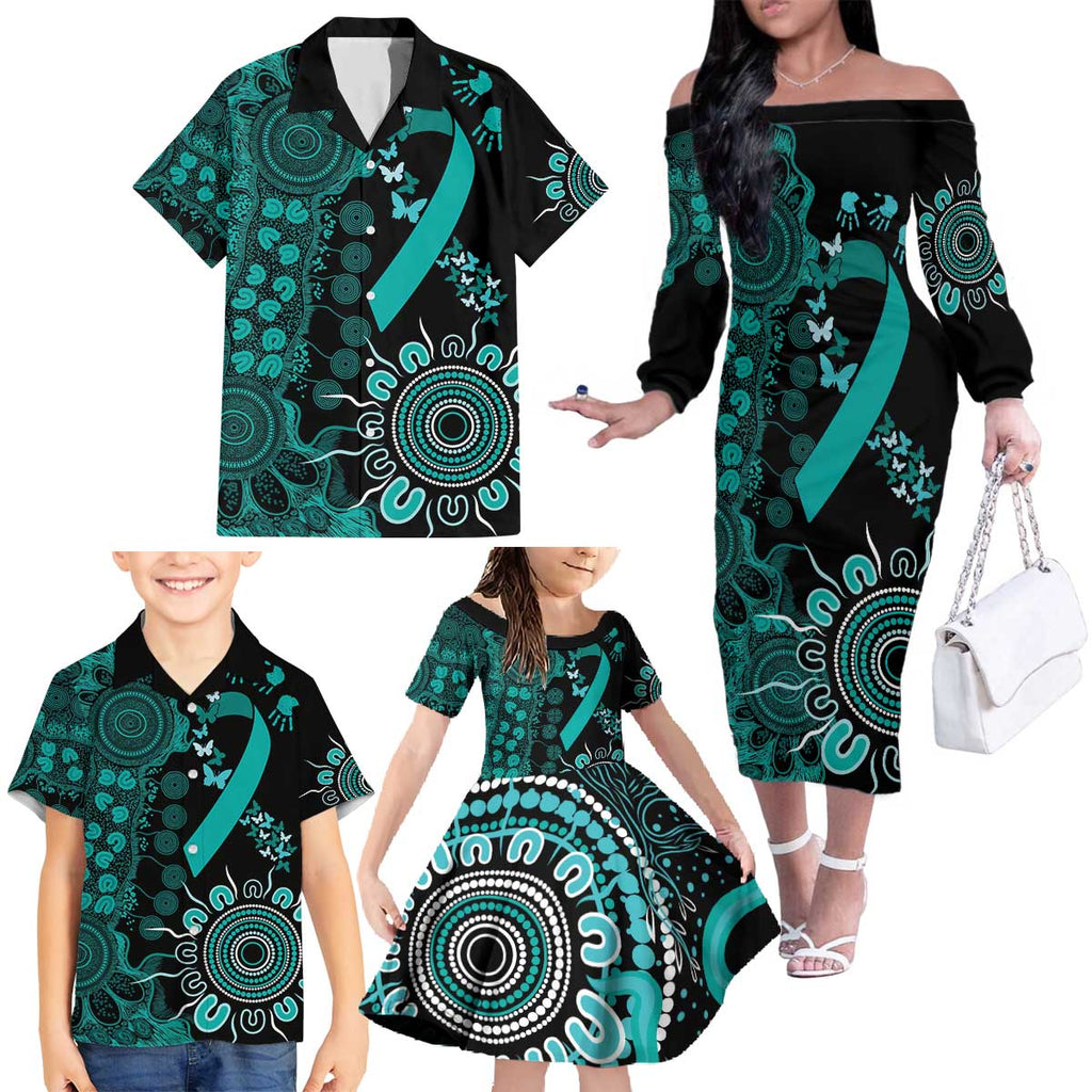 Ovarian Cancer Awareness Personalised Family Matching Off The Shoulder Long Sleeve Dress and Hawaiian Shirt Aboriginal Ribbon Dot Painting