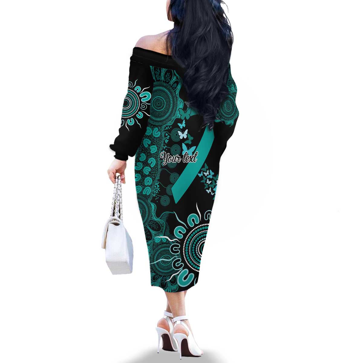 Ovarian Cancer Awareness Personalised Family Matching Off The Shoulder Long Sleeve Dress and Hawaiian Shirt Aboriginal Ribbon Dot Painting