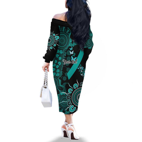 Ovarian Cancer Awareness Personalised Family Matching Off The Shoulder Long Sleeve Dress and Hawaiian Shirt Aboriginal Ribbon Dot Painting