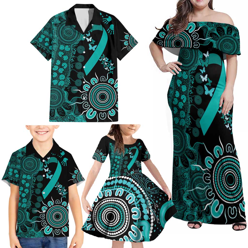 Ovarian Cancer Awareness Personalised Family Matching Off Shoulder Maxi Dress and Hawaiian Shirt Aboriginal Ribbon Dot Painting