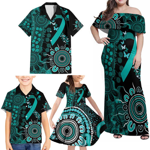 Ovarian Cancer Awareness Personalised Family Matching Off Shoulder Maxi Dress and Hawaiian Shirt Aboriginal Ribbon Dot Painting