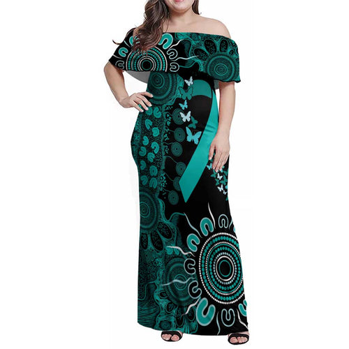 Ovarian Cancer Awareness Personalised Family Matching Off Shoulder Maxi Dress and Hawaiian Shirt Aboriginal Ribbon Dot Painting