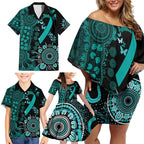 Ovarian Cancer Awareness Personalised Family Matching Off Shoulder Short Dress and Hawaiian Shirt Aboriginal Ribbon Dot Painting